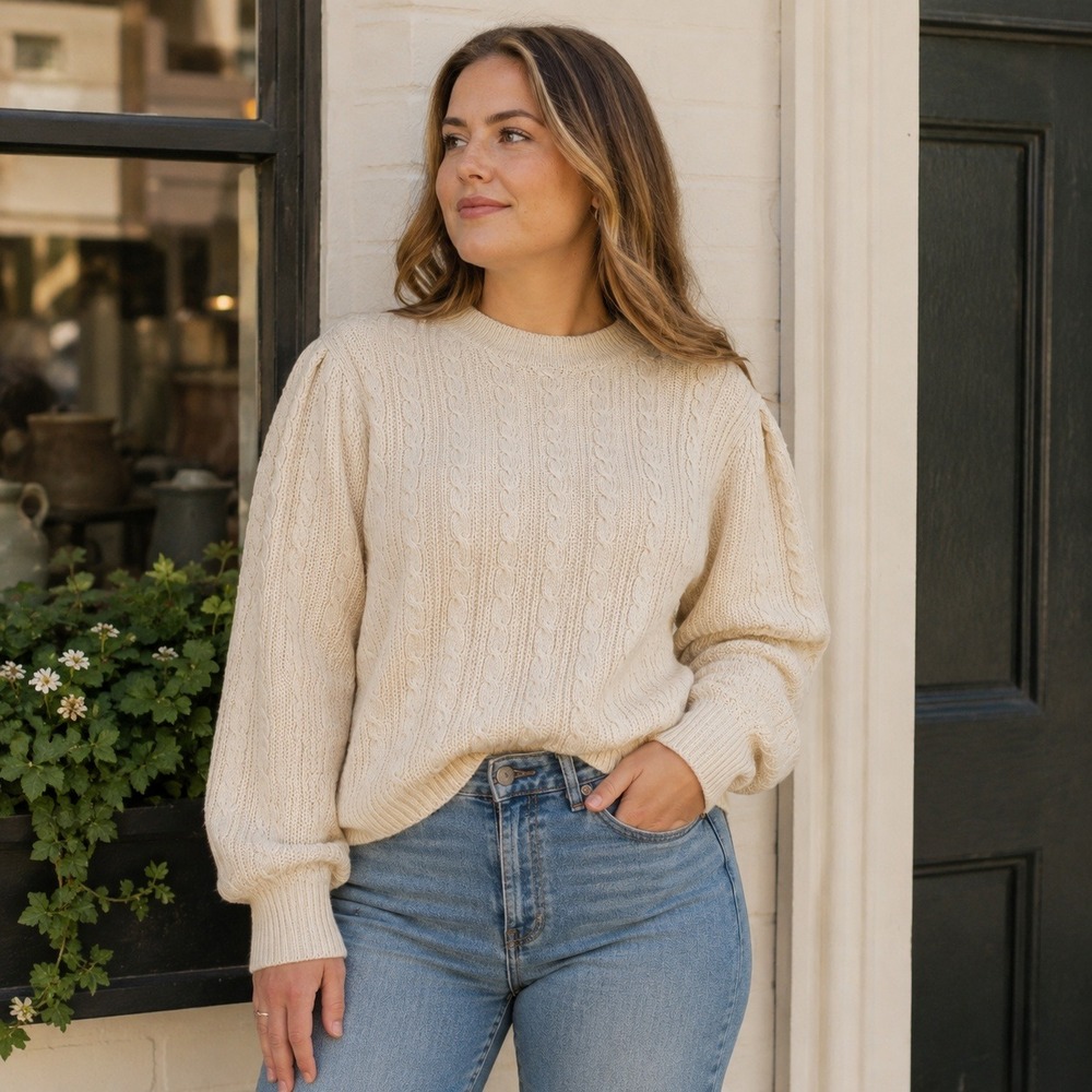 Crown & Ivy Sweater Cable Knit Puff Sleeve Cream Fisherman Coastal Women's Large